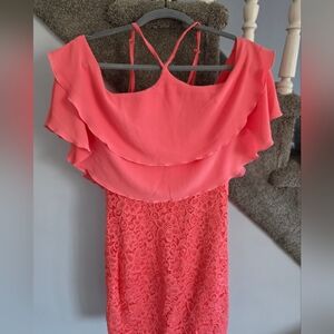 Coral Lace Off-Shoulder Ruffle Dress